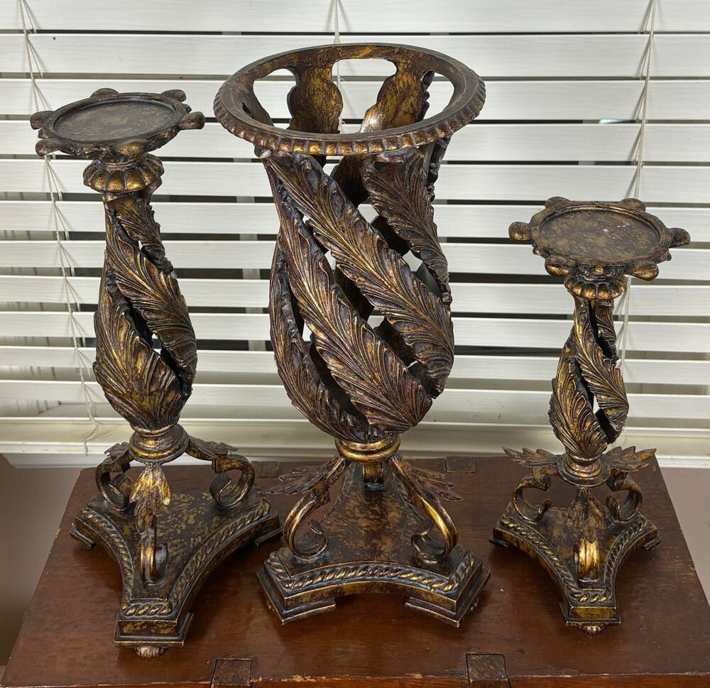 Vintage Hollywood Regency Gilt Metal Feather Pedestal Candle Holders Set of 3